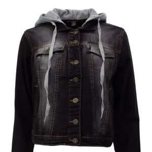 Cropped button front hooded denim jacket